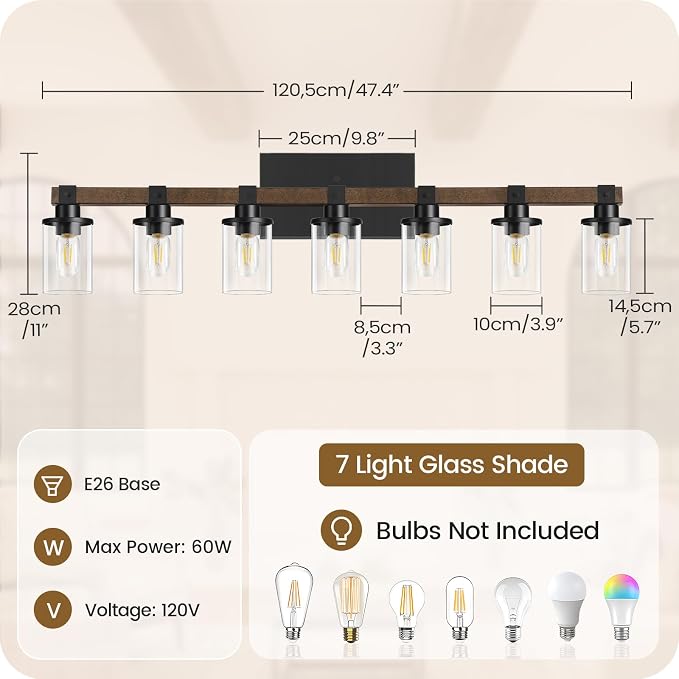 7-Light Bathroom Light Fixture, Farmhouse Vanity Lights for Bathroom with Glass Shade, Rustic Bathroom Light Fixtures, E26 Base F16BD05