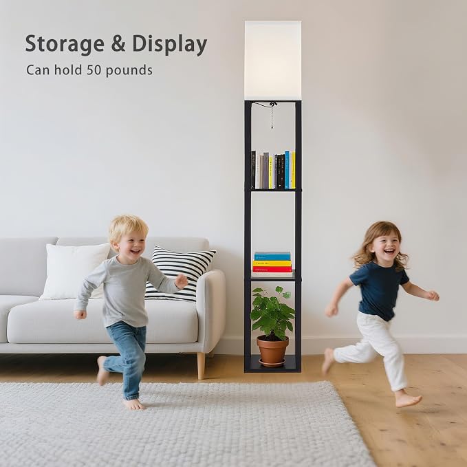 Floor Lamp with Shelves, Modern Square Shelf Lamp for Living Room, Corner Display Standing Lamp, Tall Lamp with White Shade for Bedroom, Office, Home Decor, Black