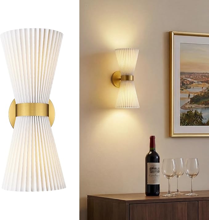 Gold Sconce Wall Lighting, HWH Single Wall Vanity Light Fixture for Living Room, Bathroom Wall Sconces with Milk White Striped Fabric Shade, Brushed Gold Finish, 5HZG97B-2W BG-FB