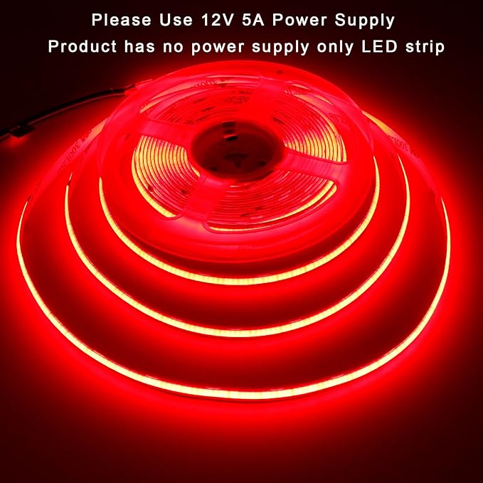 TOPAI 12V COB LED Strip Lights Red 16.4ft Dotless Outdoor IP65 Waterproof | High Density 480LEDs/M, Uniform Lighting, Cuttable, Flexible, Self Adhesive Easy Install for Living Room, Balcony