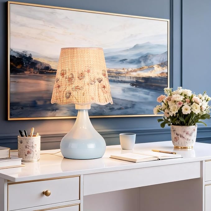 Ziqqeelam Blue Small Bedside Cute Table Lamp for Bedroom, Table Lamps for Nightstand, Scalloped Rattan Shade Table Lamps for Small Spaces for Bedroom, Home Office, Living Room