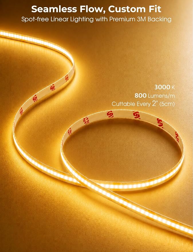 Smart Plug-in Dual Motion Sensor COB LED Strip Light for Under Bed, Under Cabinet, Hallway, Closet, 19.6ft APP Control, 3000K Warm White