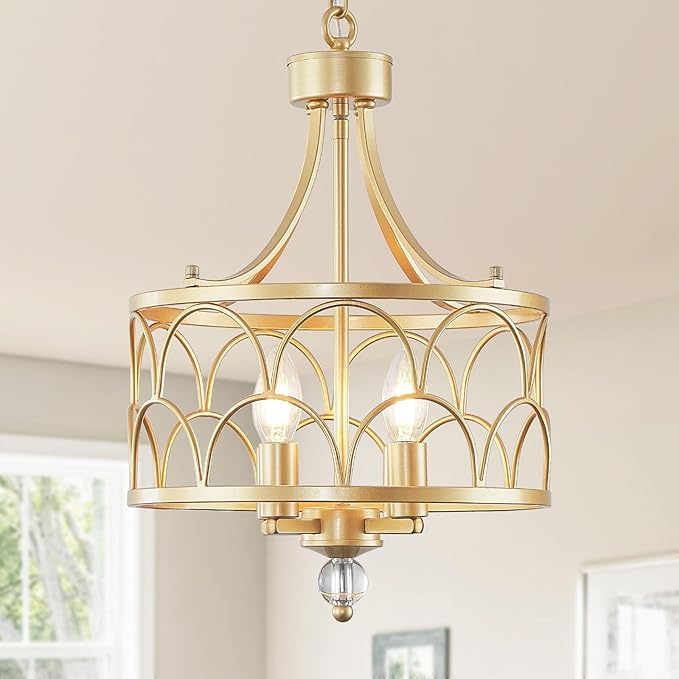 4-Light Gold Chandelier,12.6in Farmhouse Lantern Pendant Light Fixture,Adjustable Hanging Ceiling Lamp with E12 Socket,for Kitchen Island,Bedroom,Entryway,Dining Room