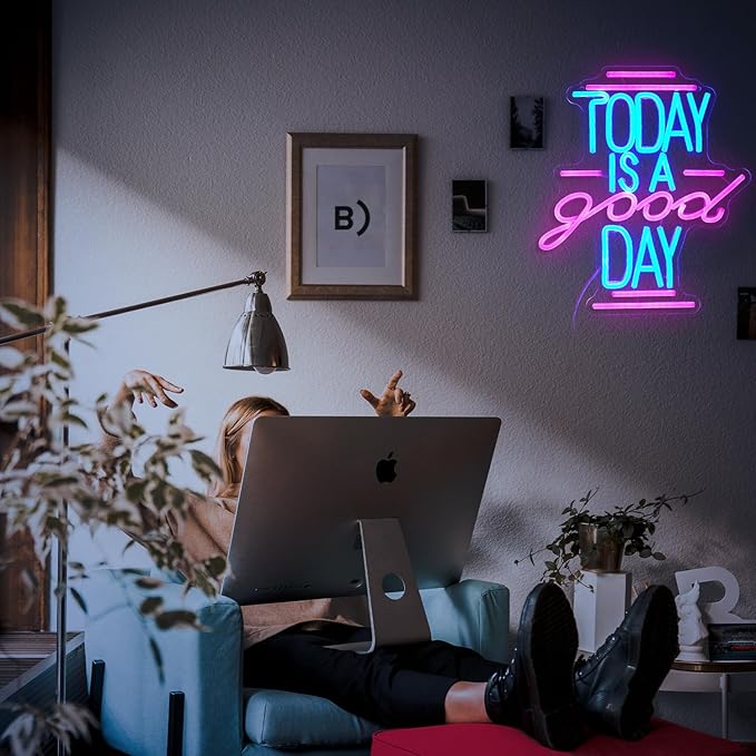Today Is A Good Day Neon Sign Coffee Cup Milk Neon Light for Wall Decor Dimmable USB Powered 12.4 * 14.2 Inch Led Letter Neon Light Glass Sign for Coffee Shop Wedding Bedroom Party (Blue Pink)