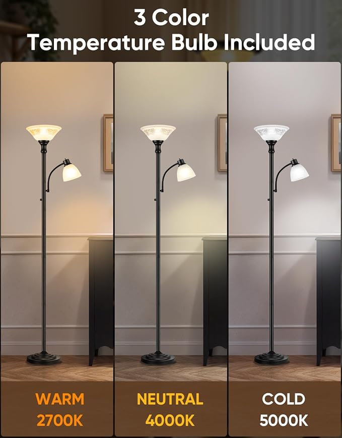 Torchiere Floor Lamps for Living Room, 71" Tall Standing Lamp with Thick Glass Shade, Metal Pole & Heavy Base, Vintage Corner Lamp with Reading Light for Bedroom Home Office, 3CCT Bulb Included