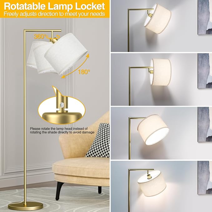 63" Gold Floor Lamp for Living Room, Modern Standing Lamp, 1 Pack | 3 Color Temperatures, Adjustable Beige Linen Lampshade, For Living Room Bedroom Office Classroom Dorm, 9W LED Bulb Included