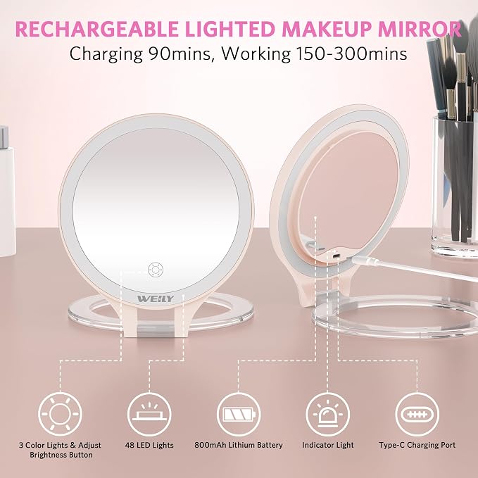 WEILY Magnifying Makeup Mirror 10X/1X, Travel Mirror with Light | Double Sided Rechargeable Mirror with 3 Color Lights for Makeup, Tweezing, Blackhead and Come Done Removal (Pink)
