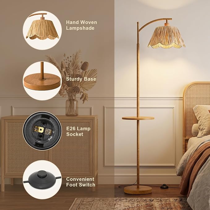 63.5" Floor Lamp with Table for Living Room, Boho Rattan Standing Lamps with Foot Switch, Farmhouse Floor Lamp for Bedroom, Arc Tall Lamp with Metal Base&Pole, Bulb not Included, Woodgrain
