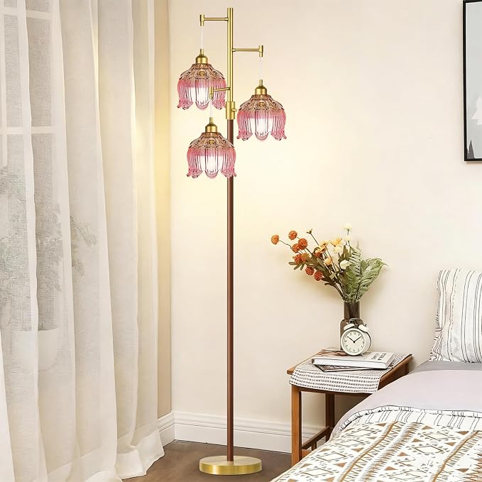 Vintage Floor Lamps for Living Room 3 Light Glass Floor Lamp with 3 Color Temperatures, Dimmable Flower Floor Lamp Gold Mid Century Modern Standing Lamp Tall Tree Wood Floor Lamp for Bedroom Corner