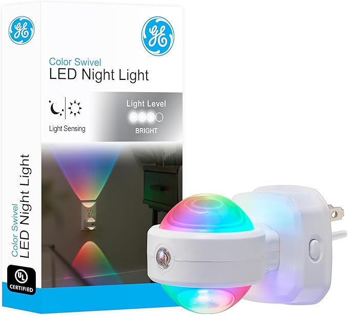 GE Plug in Color Changing Night Light with Dusk to Dawn Sensor, Wall Wash | for Home Decor Color Changing Dimmable Rotating Dusk to Dawn Sensor, Ambient Lighting, Apartment Essentials