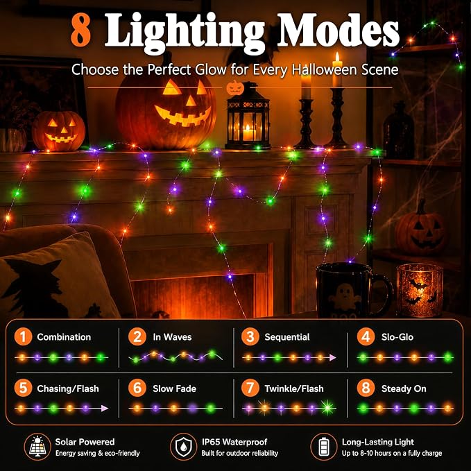 cshare Halloween Solar Fairy Lights 2 Pack 16.4FT 50LED Each, Orange Purple Green Halloween Lights Waterproof Outdoor Black Wire String Lights for Yard Porch Garden Fence Tree Decor