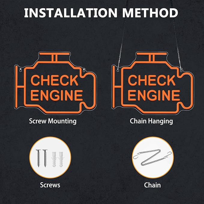 Check Engine Neon Signs for Wall Decor, Garage Led Neon Light Sign for Man Cave Decor, Funny Gifts for Dad & Car Guys, Mechanics, Auto Repair Shop, Workshop, Garage Decor, USB Powered