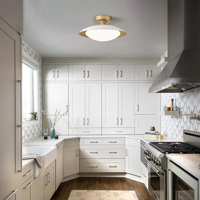 Dimmable Modern Mid-Century LED Ceiling Light, White and Gold, 12.6 Inch | Semi Flush Mount Ceiling Light, 5CCT 2700K-6000K Lighting Fixture Ceiling Lamp with Glass Shade for Bedroom Hallway Kitchen