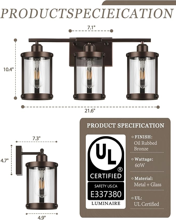 3-Light Oil Rubbed Bronze Bathroom Light Fixtures Over Mirror with Clear Glass and Metal Cage Shade, 21" UL-Listed Modern Farmhouse Wall Sconce for Bath, Hardwire E26, OS-3014ORB-3W