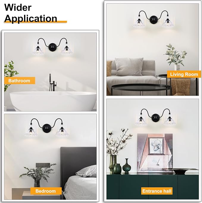Farmhouse Bathroom Vanity Light Fixtures 2 Lights Matte Black Vanity Lights for Bathroom with Floral Crystal Glass Shade Wall Lighting Fixtures Over Mirror(Exclude E26 Bulb)