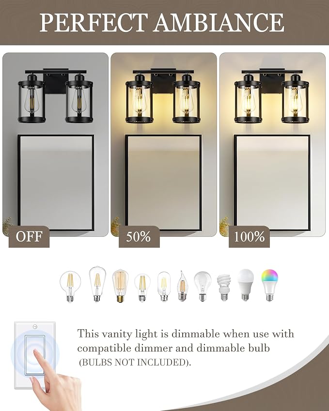 2-Light Black Bathroom Light Fixtures, 13.8 Inch Modern Bathroom Vanity Lighting Fixtures Over Mirror with Clear Glass and Metal Cage Wall Sconce Lights for Bath, E26, OS-3014BK-2W