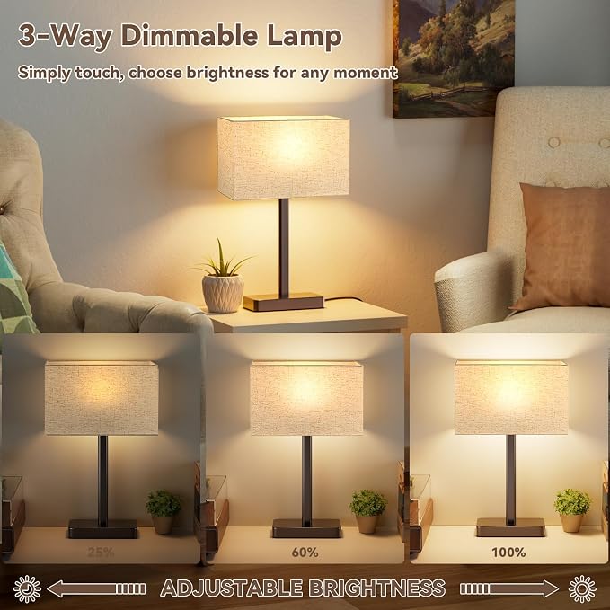 Hong-in Touch Lamps for Bedroom - 3-Way Dimmable Bedside Lamps Set of 2 with USB C+A, White Modern Table Lamp for Night Stands, Desk Lamp for Living Room Nightstand End Tables Bed Side