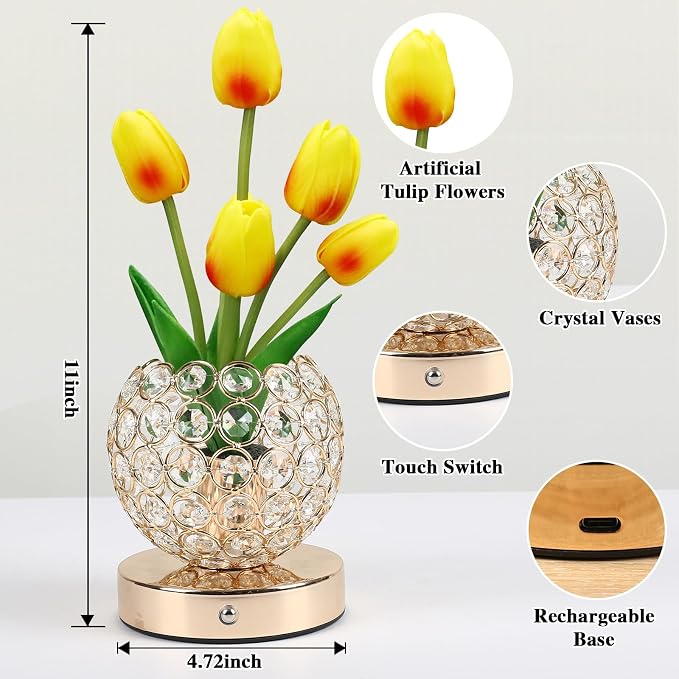 Birthday Gifts for Women Mothers Day Gifts/for Mom Tulip Table Lamp | 3 Color Crystal Flower Bedside Lamps Infinitely Dimming with USB Charge Small Night Light,Night stand Touch Lamp(gold-tulip)