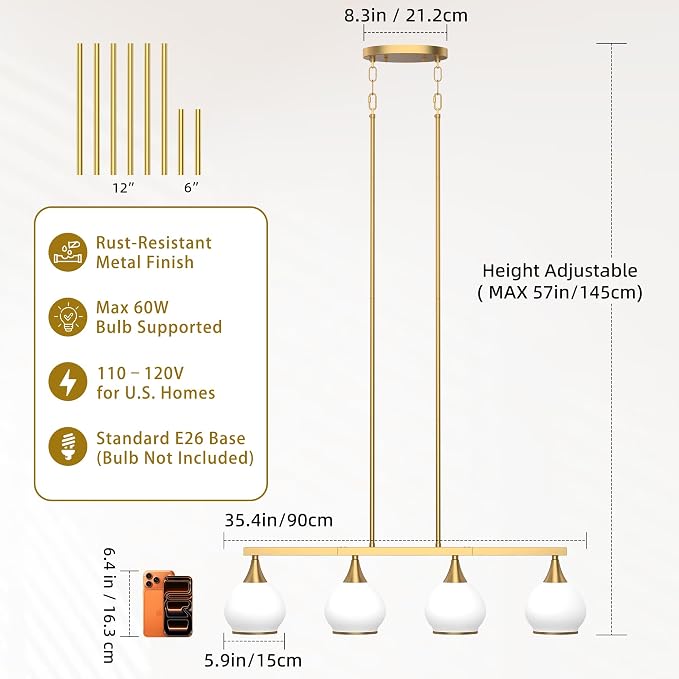 Kitchen Island Linear Pendant Light, 4-Light Gold Dining Room Chandelier with White Glass Globe Shades, Modern Linear Lighting Fixture Over Table