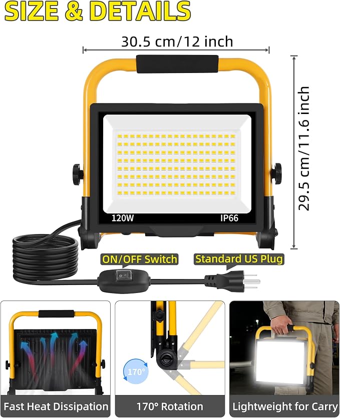 14400LM LED Work Light with 16FT Cord & Switch, IP66 for Garage Workshop | 120W Flood Light Plug in Outdoor, Portable Worklight with Stand, 5000K Daylight for Construction Job Site Car Repairing