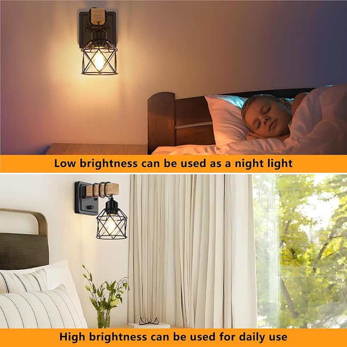 FadimiKoo Farmhouse Wall Sconces 4 Pack, Bedside Wall Lamps with Dimmer ON/Off Switch, Black Wall Light Fixtures with Metal Cage, Rustic Wooden Sconces Wall Lighting for Living Room, Hallway, Bathroom