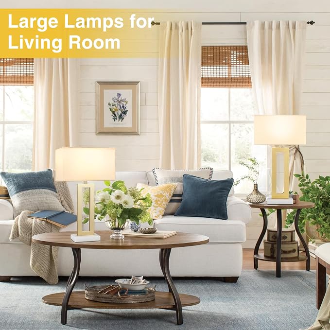 Seealle 22" Tall Bedroom Lamps for Living Room - Gold Bedside Lamps with Marble Base, Lamp for Nightstand with Knob Switch, Modern Night Stands Lamps for End Tables(White&Gold&Marble)
