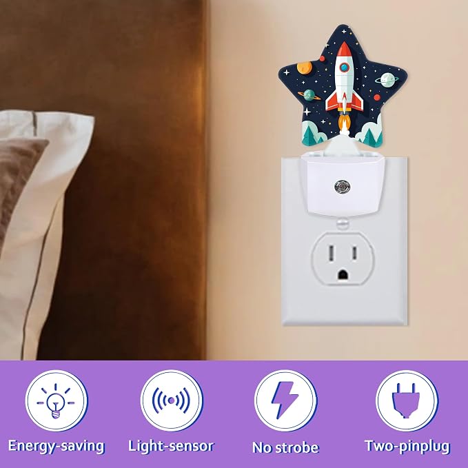 Cartoon Rocket Night Light for Kids,Space Planets Night Lights Plug Into Wall, Lightweight Dusk to Dawn Light Sensor Warm Nightlights for Girls Boys Bedroom Nursery Basement