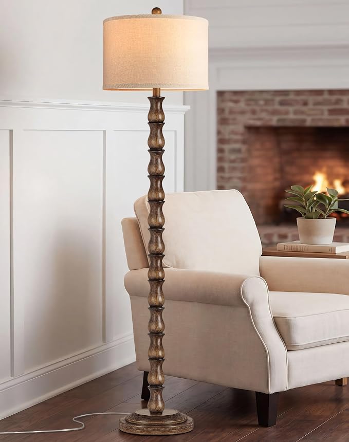 63.5" Rustic Floor Lamp for Living Room, Farmhouse Floor Lamp with Rotary Switch & Linen Shade, Vintage Resin Tall Standing Lamp for Bedroom Corner Office Home Decor, Dark Brown (LED Bulb Included)