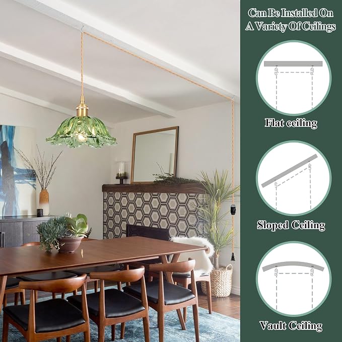 Plug in Pendant Light Fixtures,Hanging Light Fixture Corded On/Off Switch,10.6in E26 Green Glass Lampshade Pendant Lighting for Kitchen Island, Bedroom, Dining Room