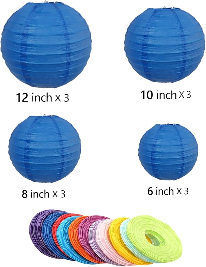 12pcs Blue Paper Lanterns with 12pcs White LED Lights, 6" 8" 10" 12" Round Hanging Chinese/Japanese Ball Lantern for 4th of July Anniversary Birthday Party Decorations