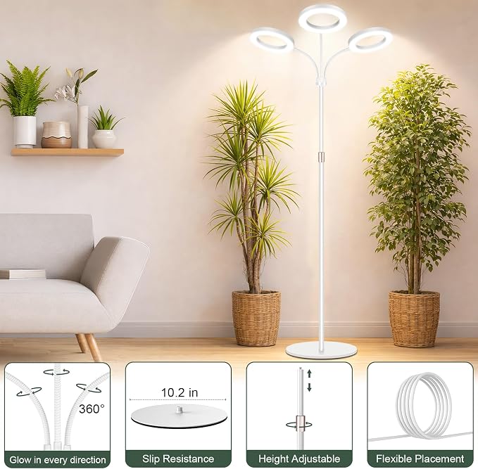 LBW 3-Head Grow Light with Stand for Indoor Plants, Full Spectrum Grow Light for Tall Large Plants, Adjustable Height up to 68", Auto Cycle Timer 6/8/12/16H, 5-Level Dimming, 3 Lighting Modes,White