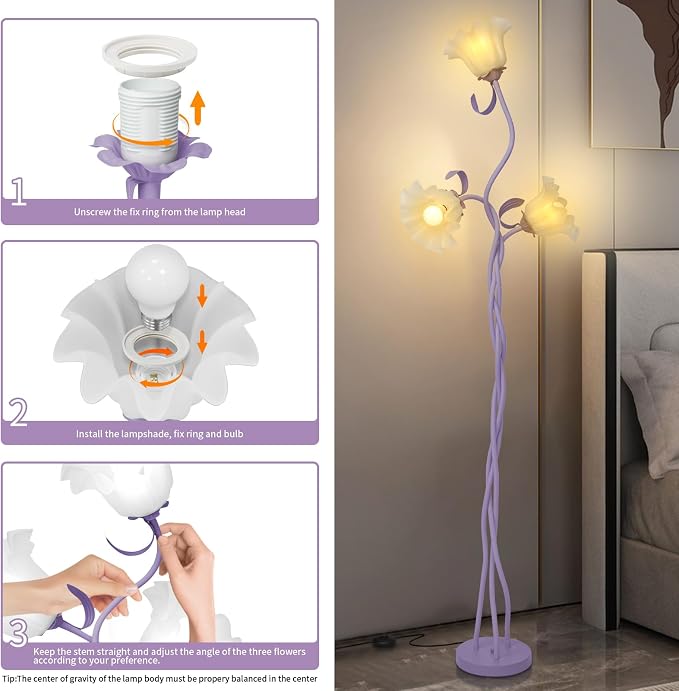 Flower Floor Lamp for Living Room, Tall Cute Reading Lamp with Flexible Neck Shaft for Bedroom Decor, Modern Corner Floor Lamps with 3-Color Temperatures LED Bulb (Purple)