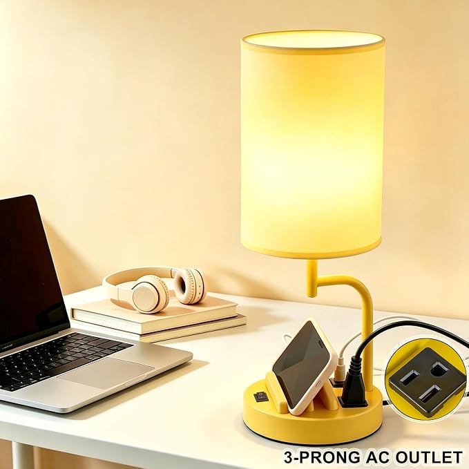 Dreamholder 2 Pack Table Lamp, Bedside Lamp with 3 USB Charging Ports & AC Outlet, USB Desk Lamp with 2 Phone Holders, Linen Fabric Shade Nightstand Lamps for Bedroom Living Room Office, Yellow