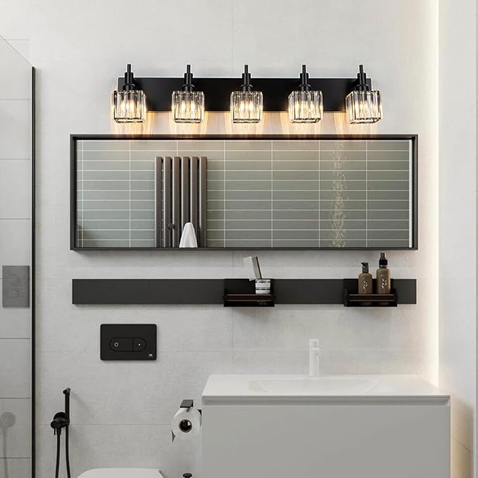 Black Crystal Bathroom Vanity Light 5-Light Modern Bathroom Lighting Fixtures Over Mirror Wall Light Fixtures