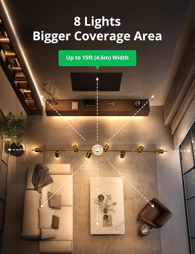 Bojim Gold 8 Light Kitchen Track Lighting Fixtures Ceiling LED Spotlight | Modern Ceiling Light with Acrylic Ring, Flexible Spotlight for Dining Living Bedroom, GU10 Base, Bulbs Not Included