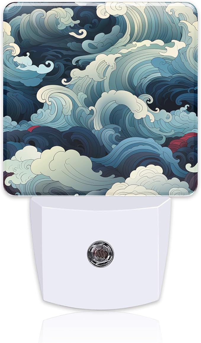 Blue White Ocean Waves Night Light Plug into Wall,Cartoon Sea Waves Dusk to Dawn Night Light Plug in,0.5w Energy Saving Sleep Friendly NightLight for Kids Boys Girls Home Decor