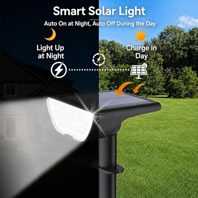 RUIKORING 73 LED Solar Spot Lights Outdoor Waterproof 4 Pack, Cool White | Landscape Spotlights with 3 Brightness Modes, Dusk to Dawn Auto On/Off, 2-in-1 Lights for Yard, Garden, Trees & Pathway