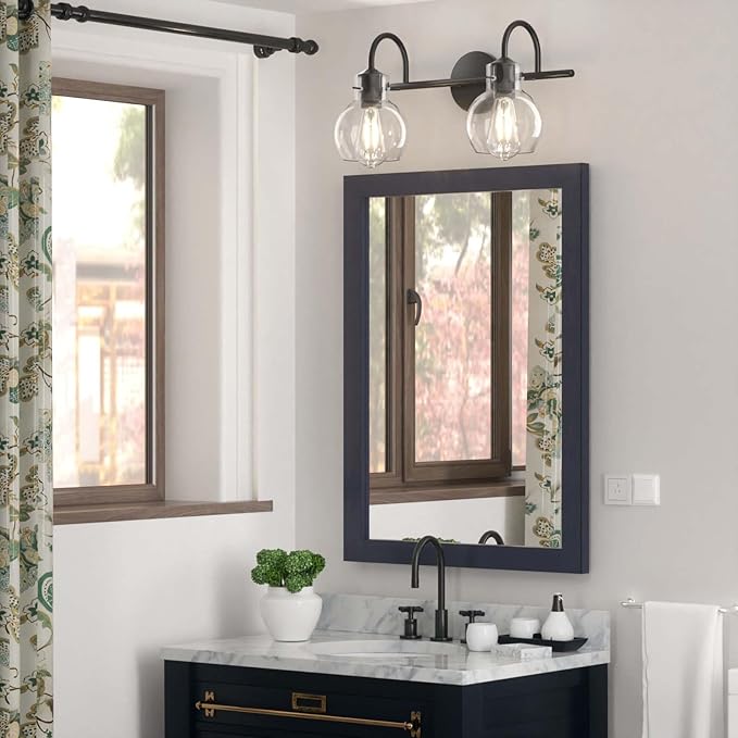 Bathroom Vanity Light Fixtures, Modern 2 Lights Vanity Lighting Fixture Matte Black, Farmhouse Metal Wall Lamp with Globe Glass Shade, Porch Wall Mount Light Fixture for Mirror Cabinets