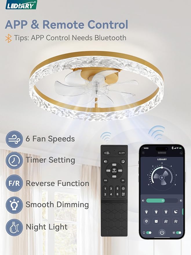 LEDIARY 20" Modern Ceiling Fans with Lights and Remote, Dimmable Low Profile Ceiling Fan, Flush Mount Fan, Stepless Color Temperature Change and 6 Speeds - Gold | Fandelier, Dimmable Low Profile, Flush Mount, Stepless Color Temperature Change, 6 Speeds...