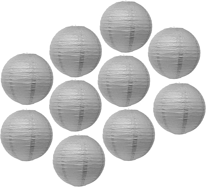 Mudra Crafts Gray Paper Lanterns Wedding Party Decorations - 12 in 10 Round Hanging Ceiling Lanterns, 10 Pack, Decorative Lamp Shades