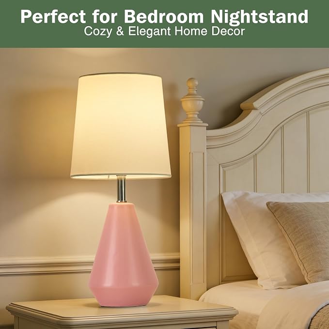 Small Bedside Table Lamp for Bedroom-Reading Desk Lamp Set of 2,with 3 Color Temperatures,15.5" Nightstand Ceramic Lamp with Fabric Shade for Kids Room,Living Room,Dorm,Home Office(Pink+White)