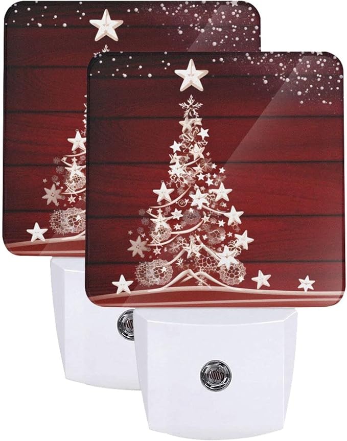 Winter Snowflake Pine Red Christmas Tree Wood Night Light Set of 2, Christmas Auto Sensor LED Dusk-to-Dawn Nightlights, Plug-in Sensor Lamp for Bedroom Bathroom Kitchen Hallway Stairs Decorative