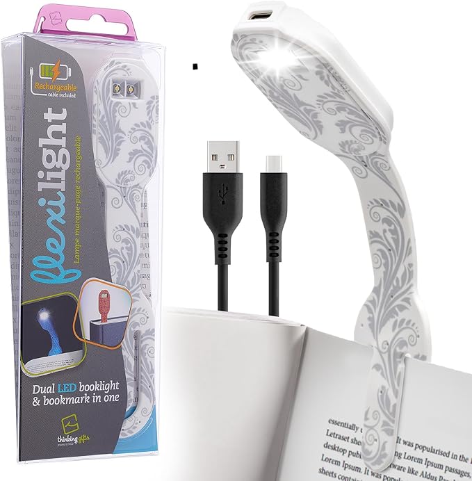 Gifts for Readers & Writers Rechargeable Book Light, Clip On Reading Light for Bed, 2in1 Flexilight & Bookmark, 12 Hours of Light Once Charged, Includes USB Cable & 2 LED Lights, White Flowers