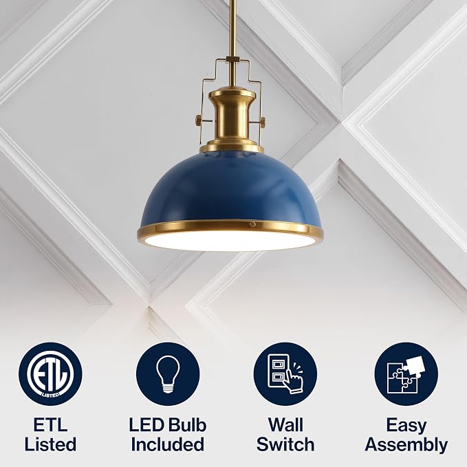 JONATHAN Y Homer Industrial Dome Pendant 13", Navy/Brass Gold | 1-Light, Farmhouse Style, Adjustable Hanging Height, Glass Diffuser, Sloped Ceiling Compatible, Metal, LED Bulb Included