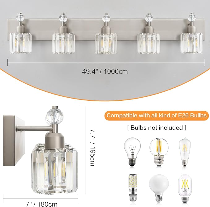 PRESDE Modern Crystal 5-Light Bathroom Light Fixtures Brushed Nickel Vanity Light for Bath Wall Lighting Over Mirror