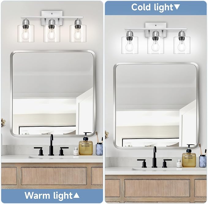 Modern Brushed Nickel 3 Light Bathroom Light Fixtures,19 inch Vanity Lights For Bathroom With Clear Glass, Bathroom Lighting Fixtures Over Mirror For Mirror Kitchen Living Room Hallway Cabinet Porch