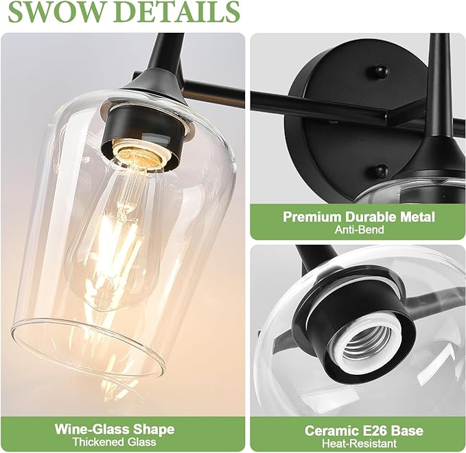 2-Light Bathroom Light Fixtures, Black Vanity Lights for Bathroom with Clear Glass, Bathroom Lighting Fixtures Over Mirror, Modern Wall lamp for Cabinet Hallway