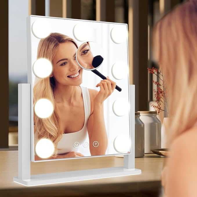 Dirket Vanity Mirror with Lights, Hollywood Lighted Makeup Mirror with 3 Color Lighting Modes and 9 Dimmable Bulbs, Detachable 5X Magnification, Smart Touch Control, 360°Rotation, White