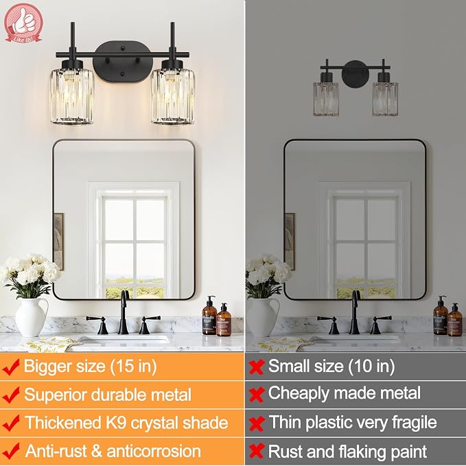 2-Light Matte Black Crystal Bathroom Vanity Light, Modern Bathroom Lighting Fixture Over Mirror, K9 Crystal Bathroom Wall Light with Round Shades, E26 Base(Bulbs Not Included)