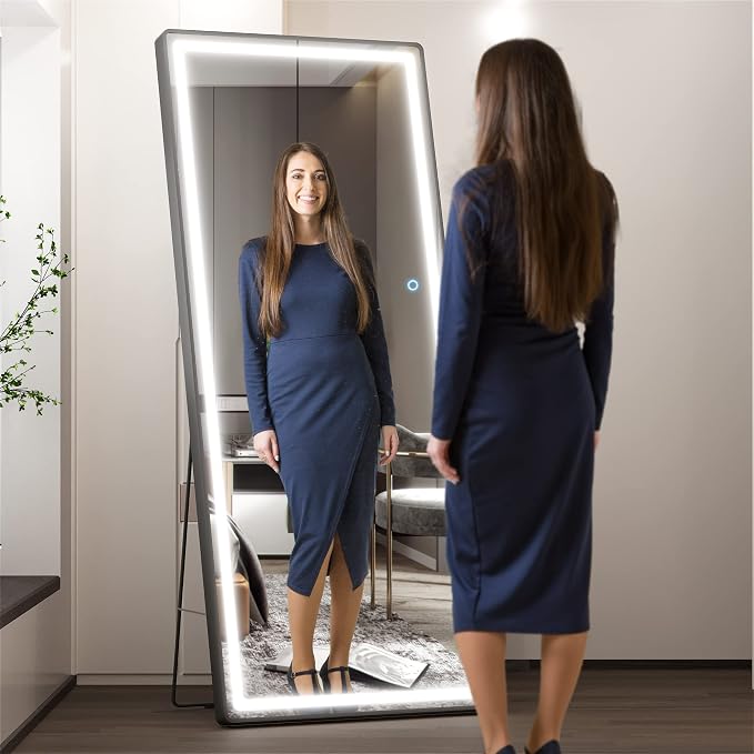 Hasipu Full Length Mirror with Lights, 71" x 28" LED Floor, Full Body Dressing Standing, Hanging Mounted Mirror, Round Black